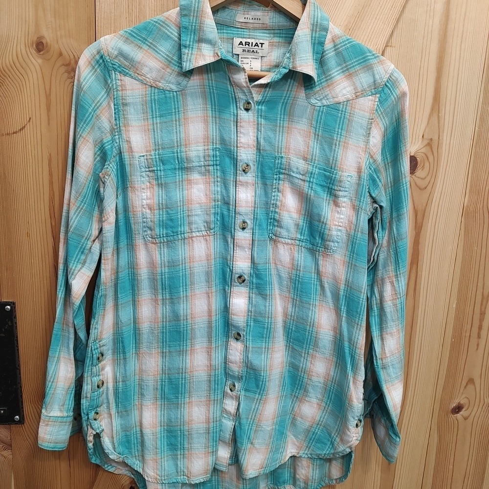 Ariat Women White Green Orange Plaid Relaxed Button Up Shirt Sz Small Spring